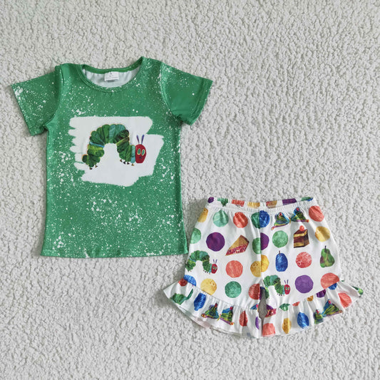 girl green short sleeve top match fruit and cake print shorts suit