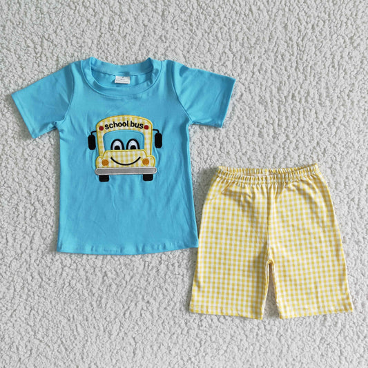 boy 100% cotton  school bus embroidery print top match plaids shorts suit for back to school