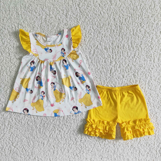 baby girls yellow flutter sleeve top match cotton icing ruffles shorts suit