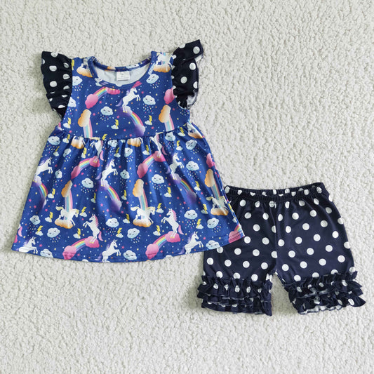 girl rainbow print short sleeve top and dot shorts 2pieces suit