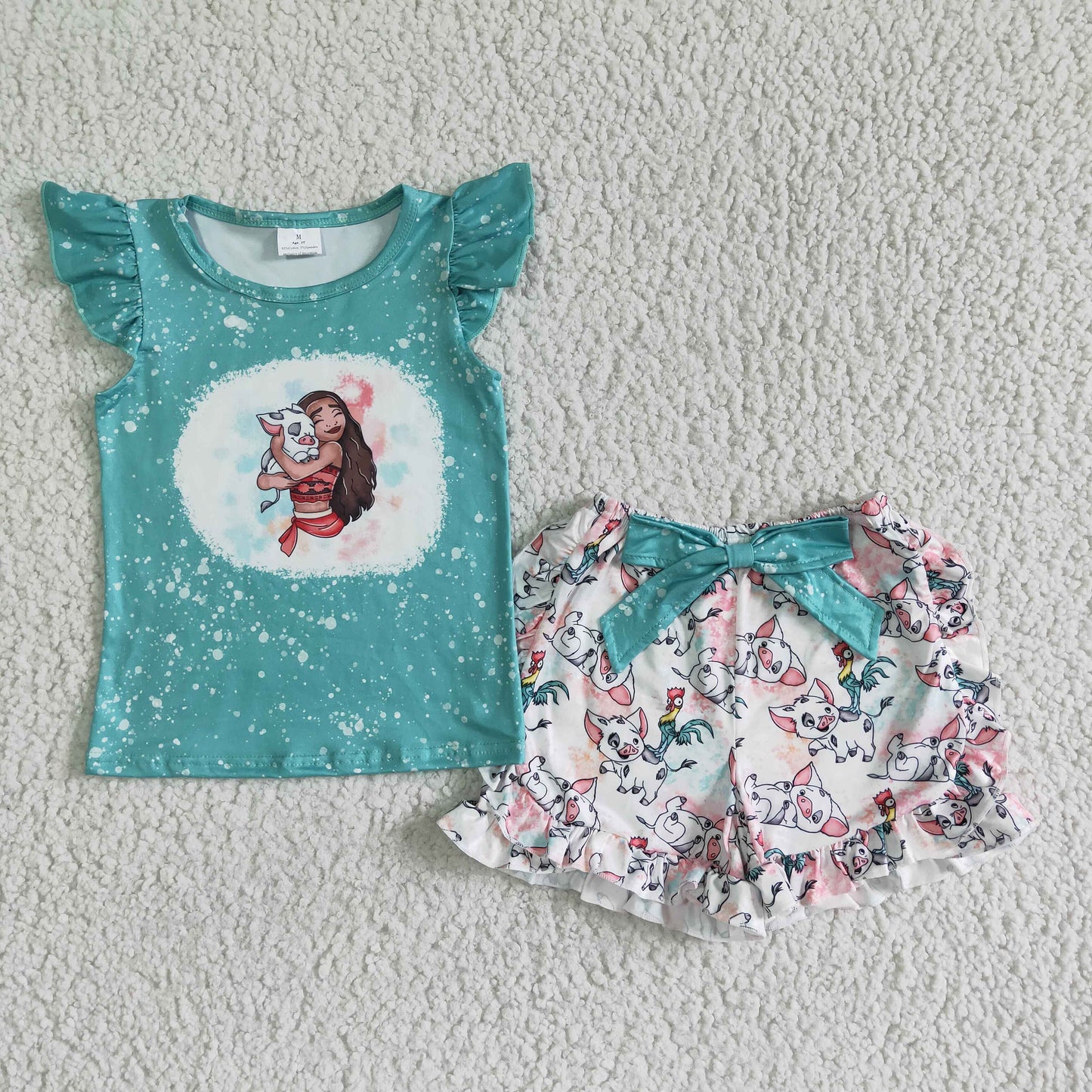 girl flutter sleeve top and shorts set with bow-knot