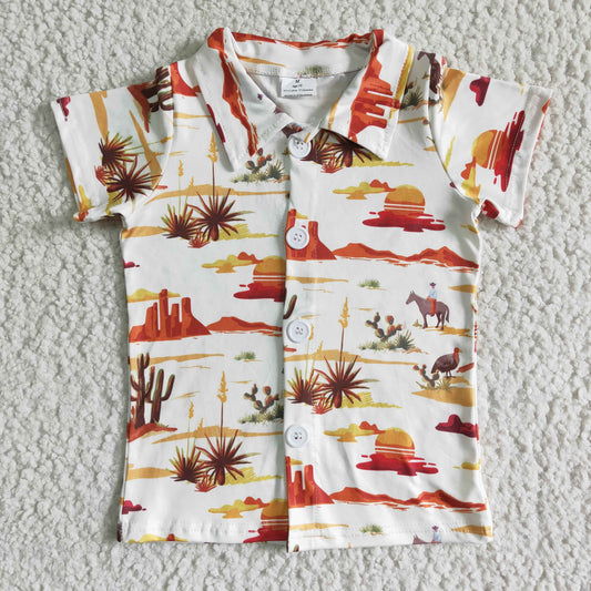 fashion turn-down collar boy short sleeve cactus print t-shirt