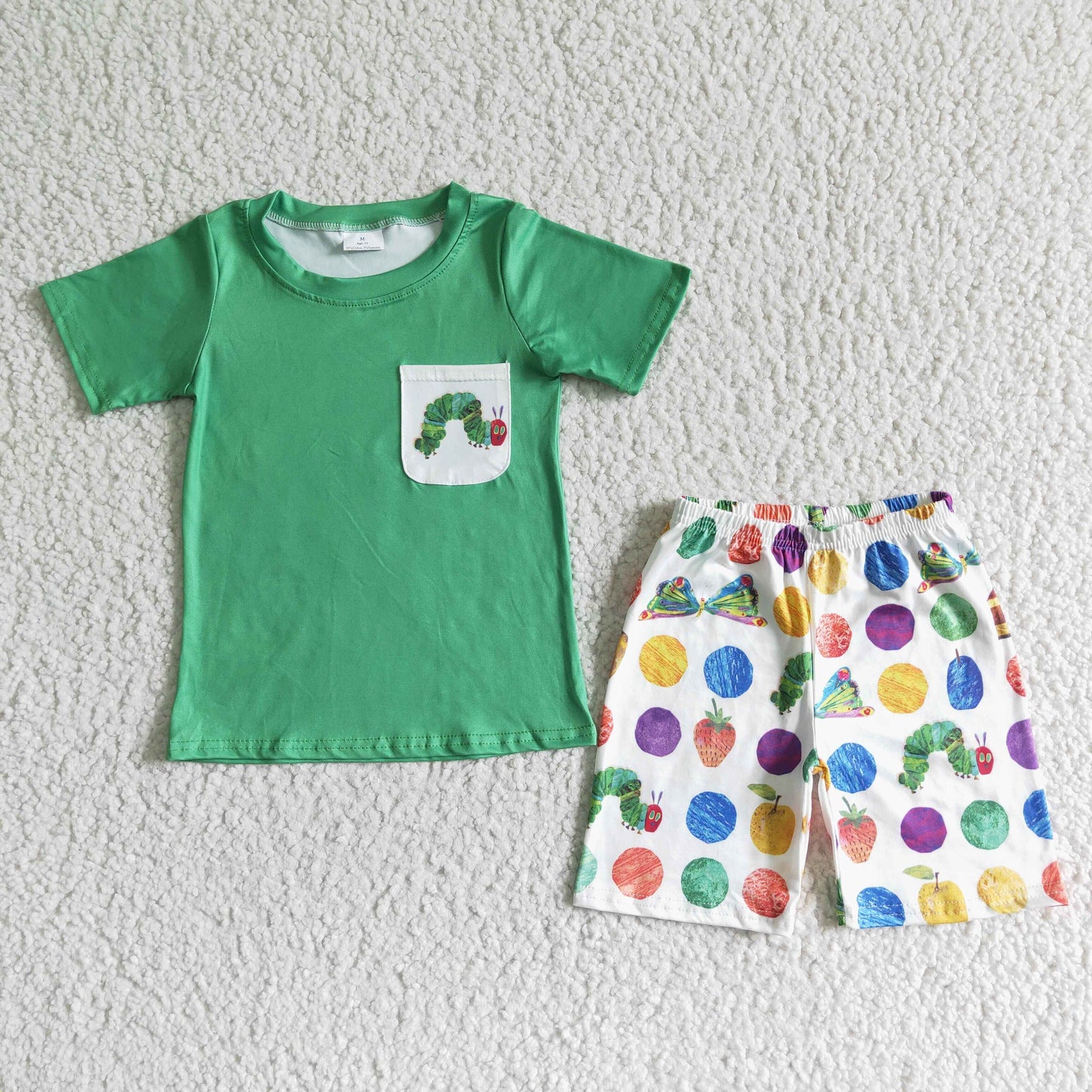 new arrival boy green short sleeve t-shirt match fruit print shorts set