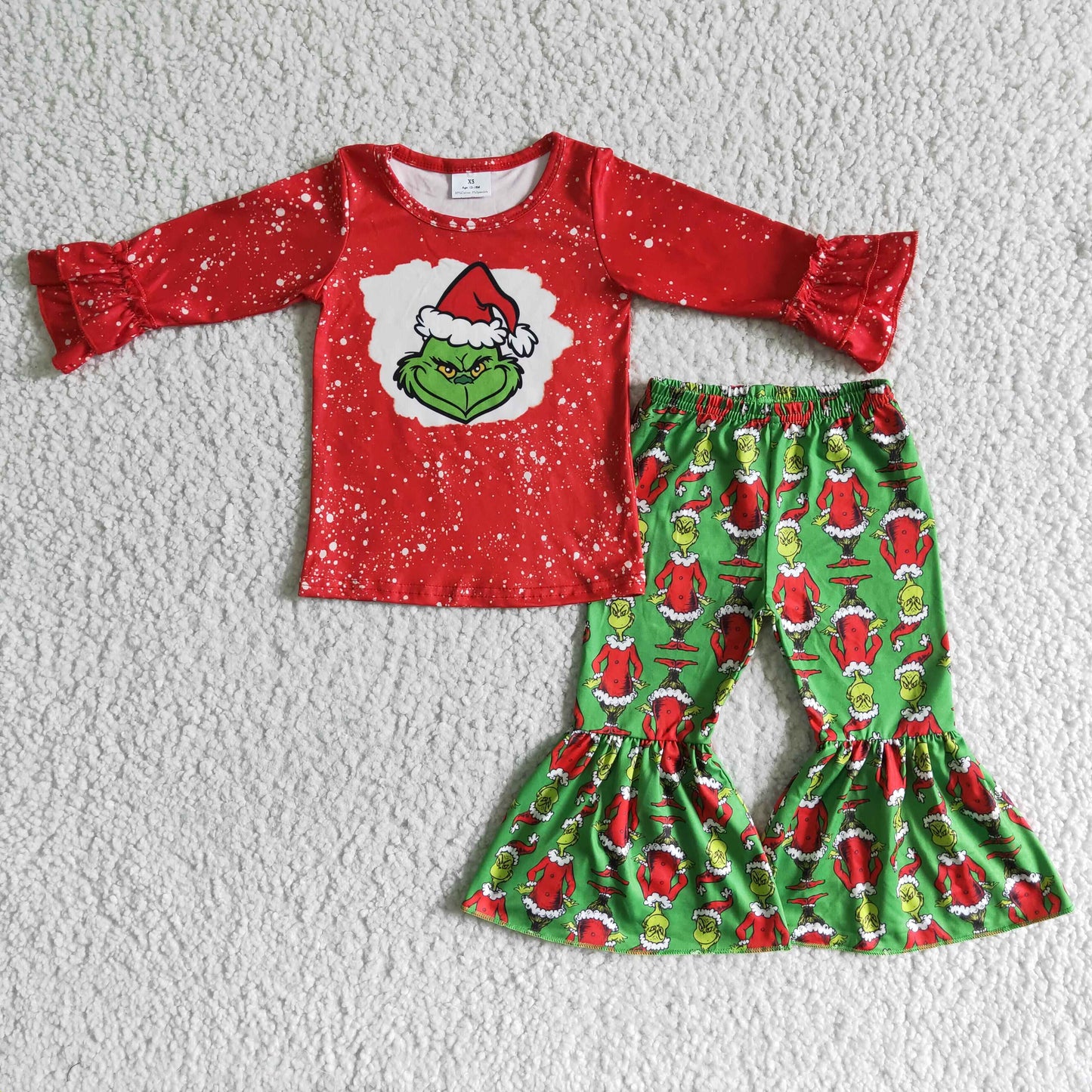 6 B6-37 girl red long sleeve top match green flare pants 2pieces set for Christmas