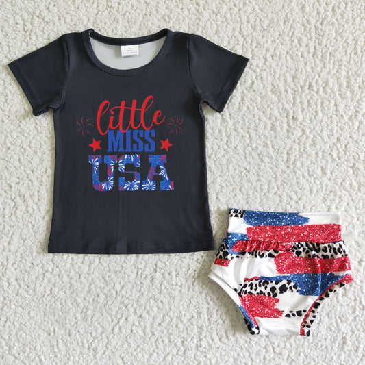 baby girls Independence Day black short sleeve top and colorful bummies match headband