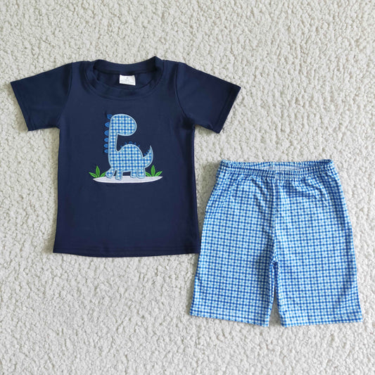 new arrival boy cotton navy blue shirt and plaids shorts set kids summer embroidery dinosaur outfit