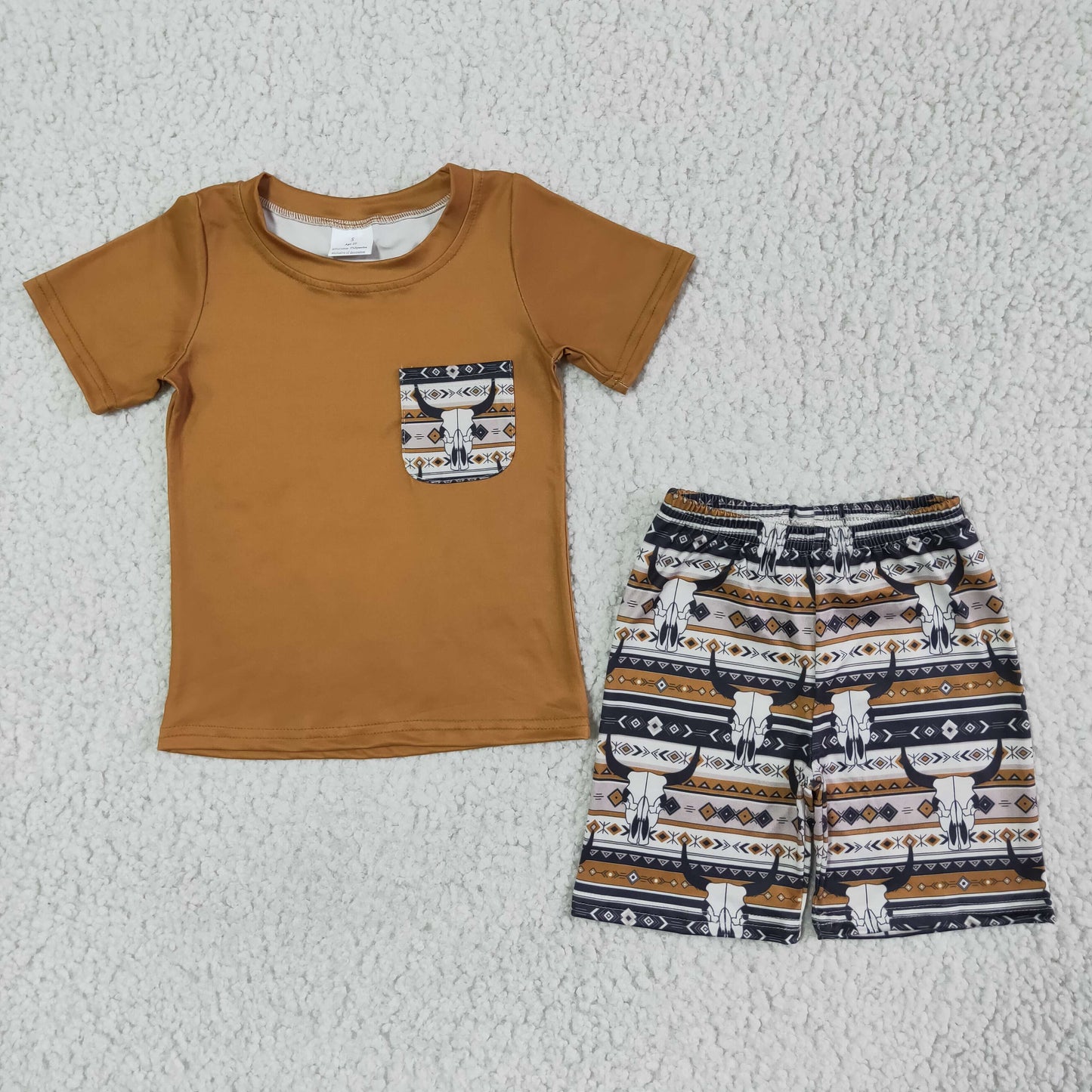 boy cotton solid color top and cow print shorts set with pocket