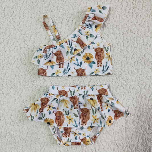 baby girls sloping shoulders highland cow print swimming suit kids high quality swim outfit