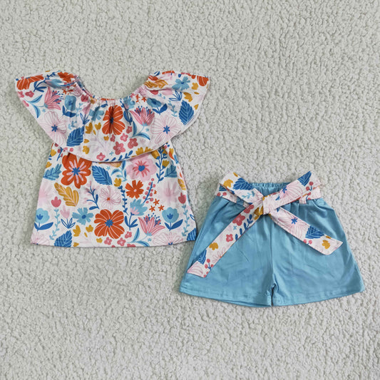 new arrival girl flowers print top and blue cotton shorts with belt