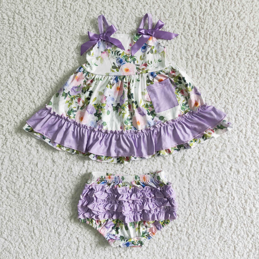 infants baby girls flowers pattern tunic and bummies set with purple pocket