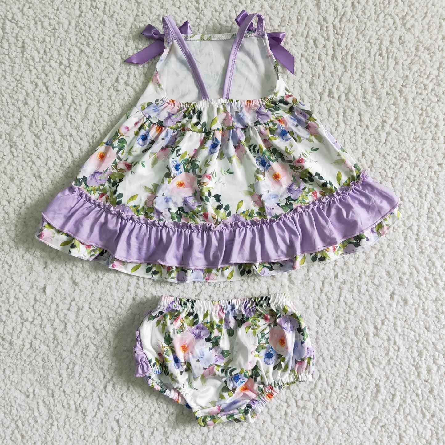 infants baby girls flowers pattern tunic and bummies set with purple pocket