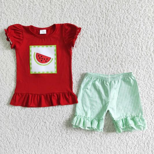 girl red cotton puff sleeve top match green seersucker shorts set kids ready to ship outfit