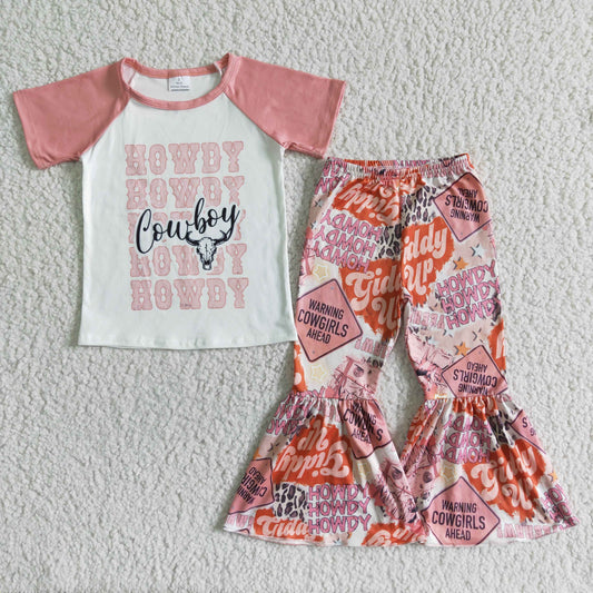 girl pink raglan short sleeve shirt and letter design flare pants set