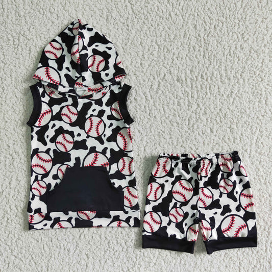 boy baseball print summer outfit children hoodie and shorts 2pieces set