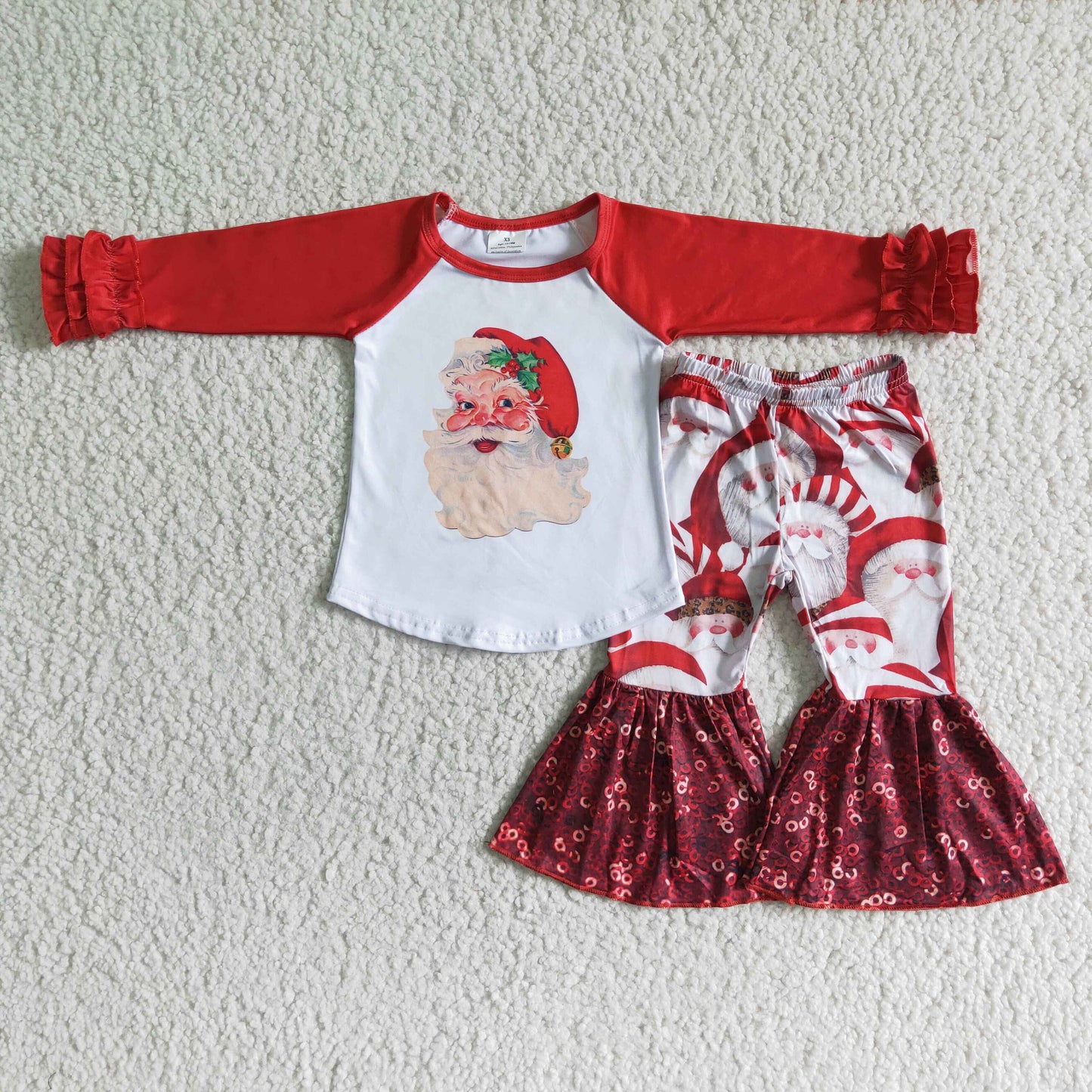 girl red long sleeve raglan shirt match santa print and sequin stitching bell pants set