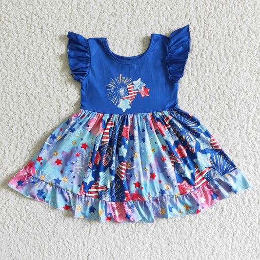 Independence Day Girl Flutter Sleeve Twirl Dress Children Star And Fireworks Pattern Frock