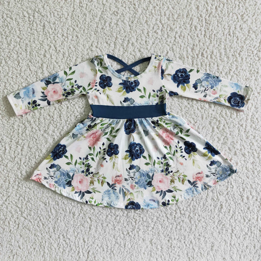 girl long sleeve twirl dress flowers pattern frock with belt