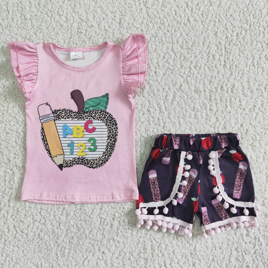 children back to school outfit girl pink flutter sleeve top and black shorts set with pencil