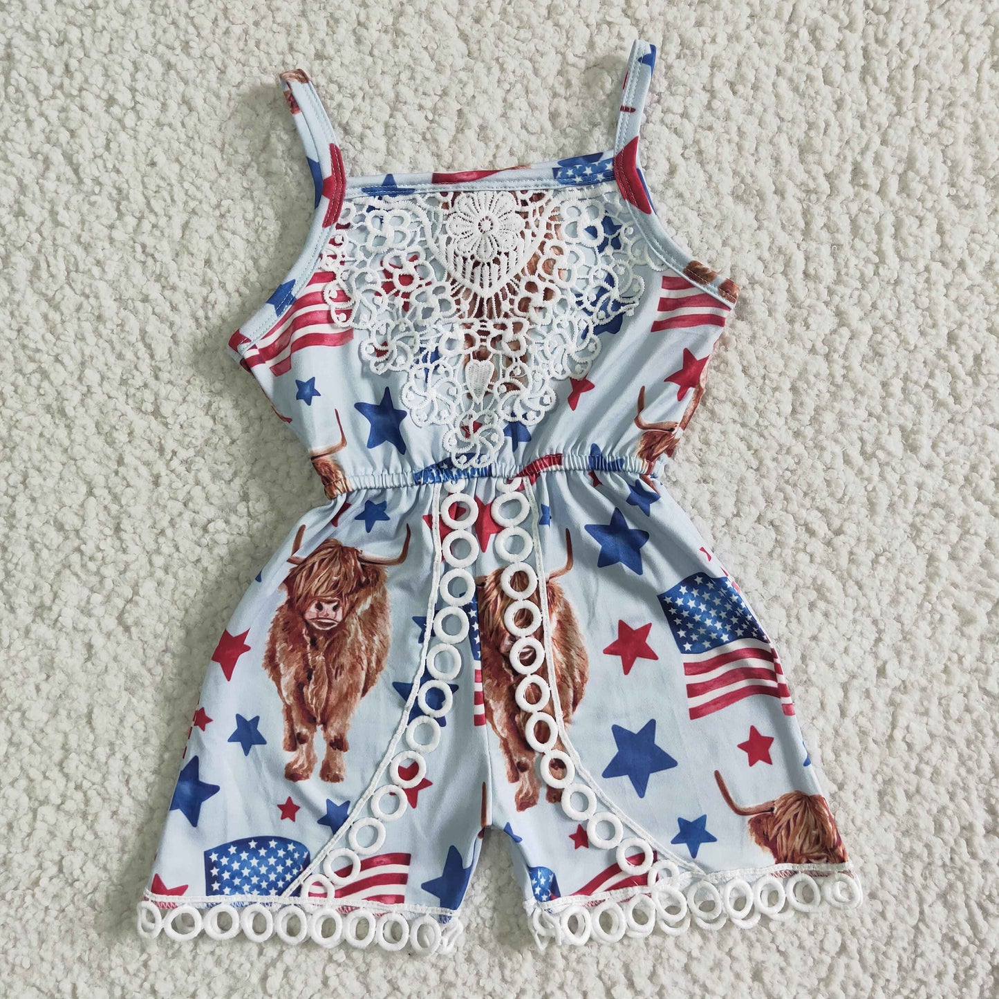 sr0053 girl national day high quality lace overalls children fashion summer jumpsuit with star print
