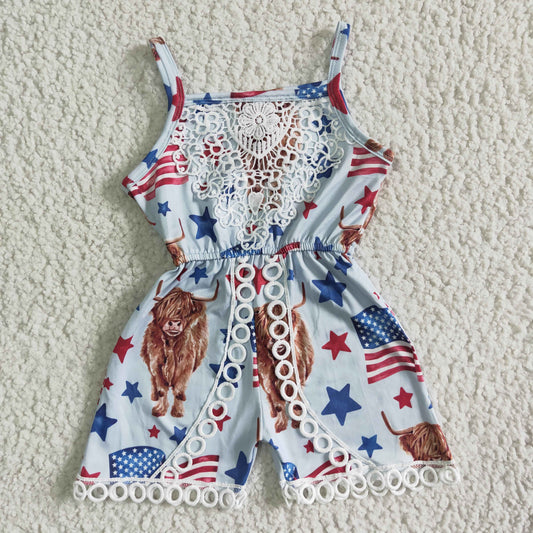 sr0053 girl national day high quality lace overalls children fashion summer jumpsuit with star print