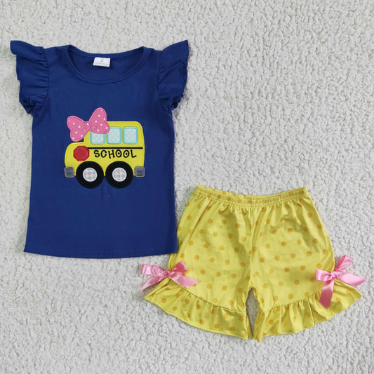 girl navy cotton flutter sleeve top and polka dot shorts set student school bus embroidery outfit