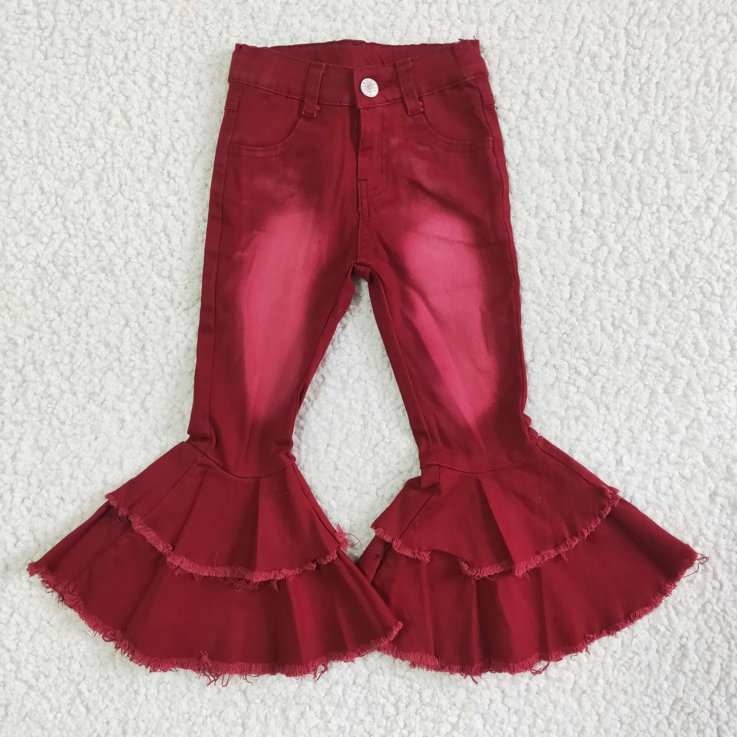 girl fashion bleached jeans flare denim pants wine red high quality double ruffles jeans