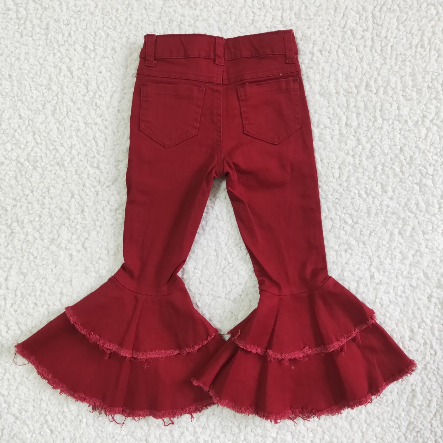 girl fashion bleached jeans flare denim pants wine red high quality double ruffles jeans