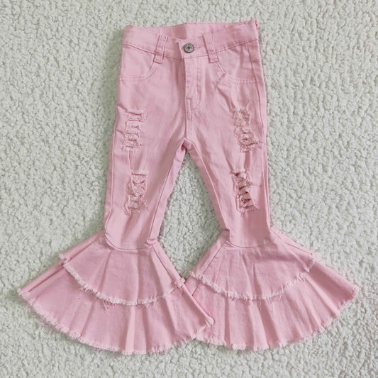 girl pink high quality ripped jeans with button