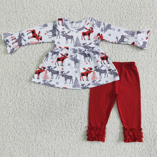 6 A24-3 christmas girl long sleeve tunic blouses and red cotton leggings set with deer print