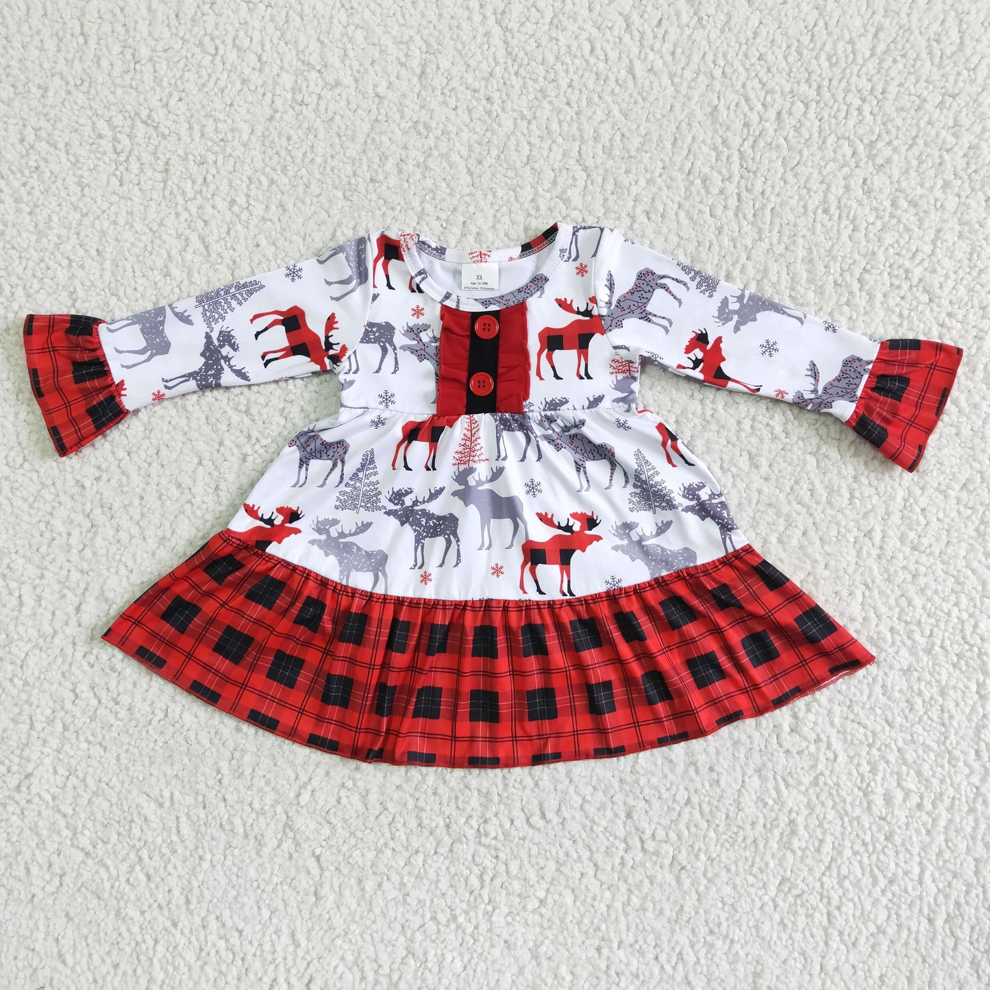 6 A30-11 Christmas girl long sleeve twirl dress with deer print and plaids stitching design