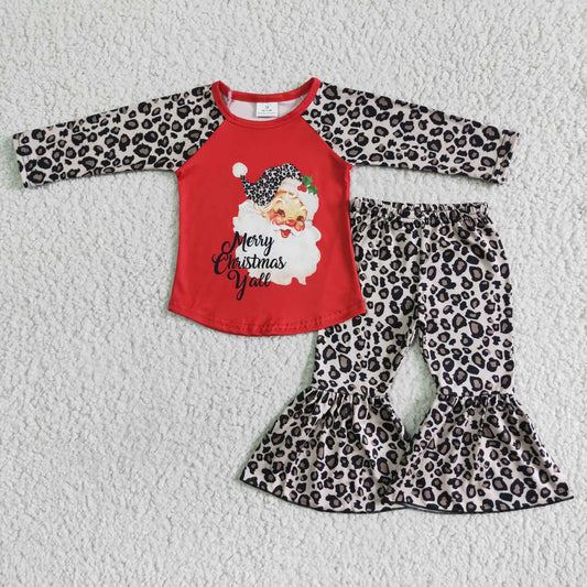 winter girl long sleeve raglan shirt match leopard flare pants suit for christmas