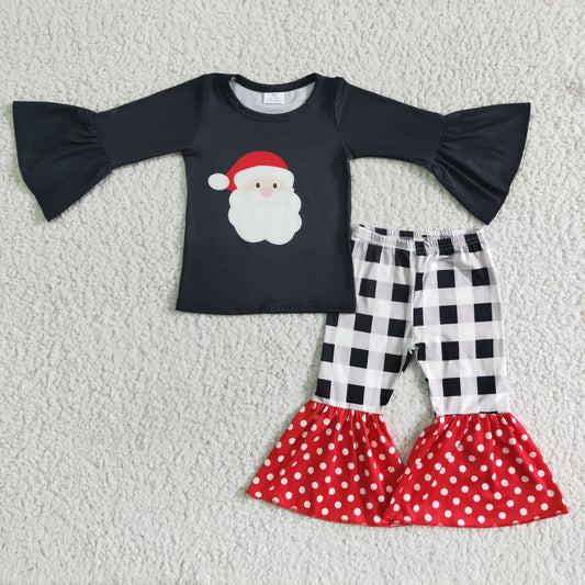 christmas baby girls black flare sleeve top and plaid and dot pattern pants