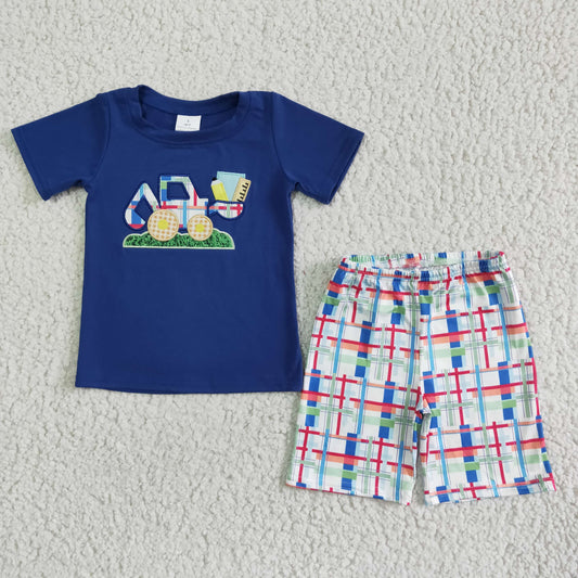 boy navy blue cotton short sleeve blouses match plaids shorts outift with embroidery print