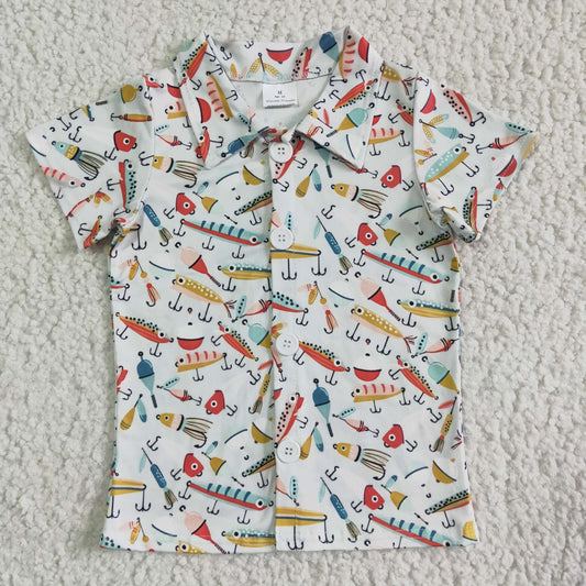 boy fish and hook print short sleeve blouses