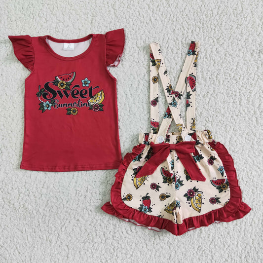 girl red top match fruit print overalls set kids sweet summertime outfit