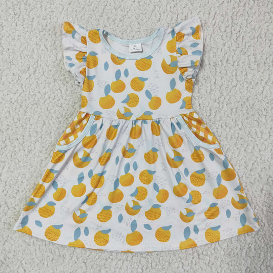 girl short sleeve o-neck dress summer fashion fruits print frock with pockets