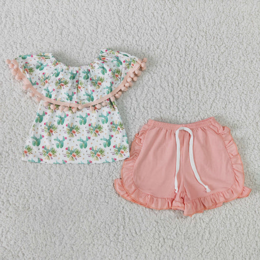 girl summer short sleeve top with cactus flowers print  and pink shorts suit