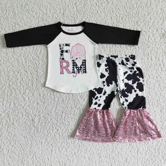 girl farm letter long sleeve raglan shirt match milk cow print and pink sequin bell pants set