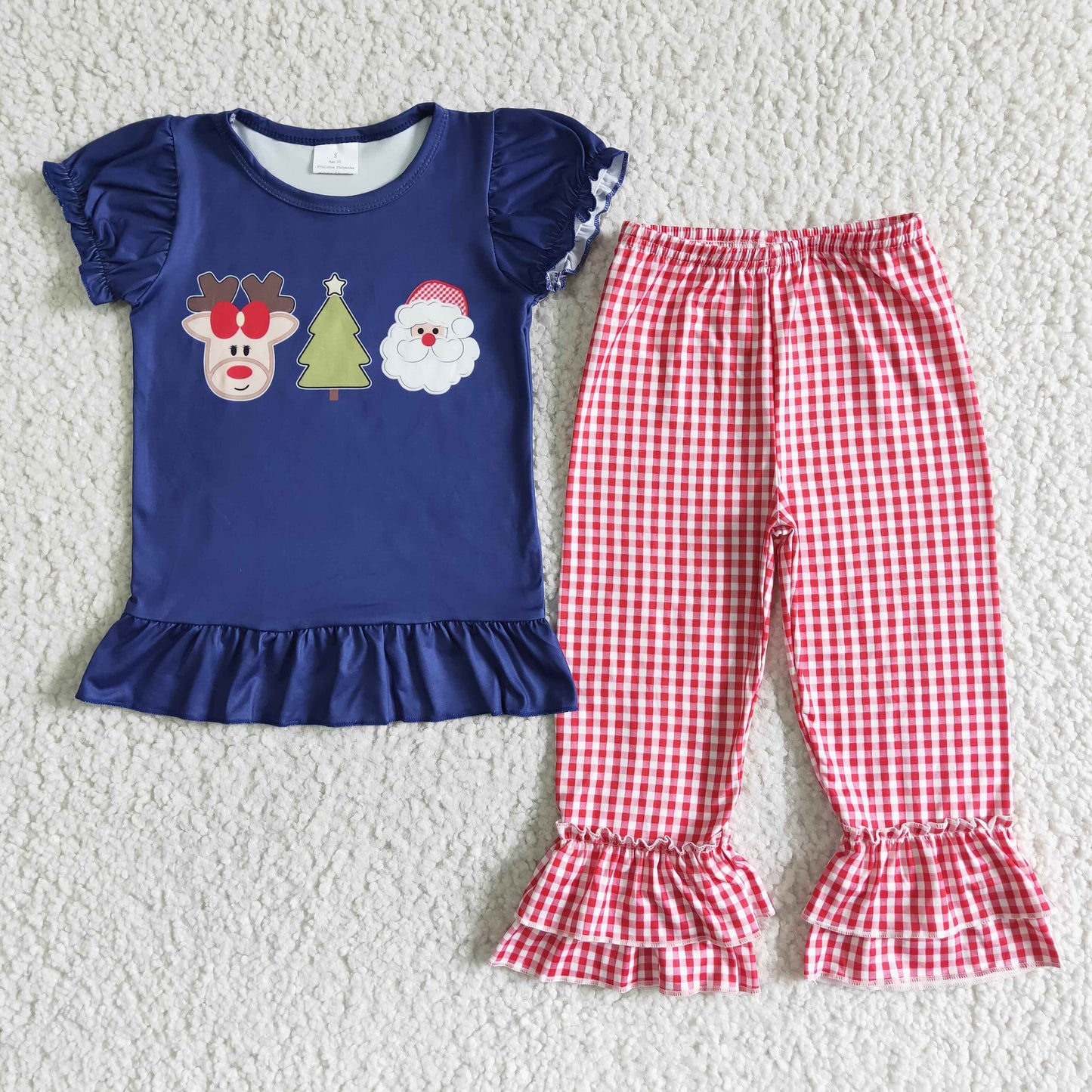 girl christmas tree and santa deer pattern embroidery  top match plaids pants set