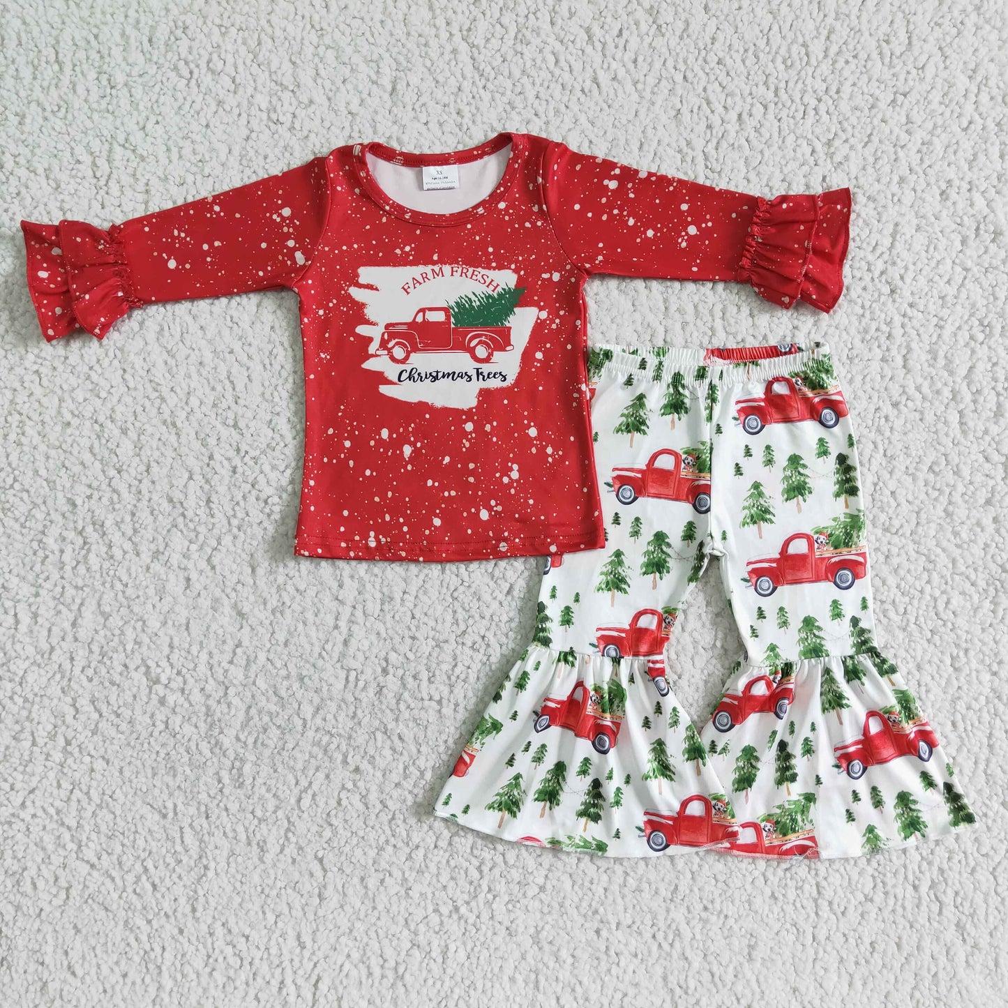 girl red truck and christmas tree print long sleeve blouse and flare pants outfit