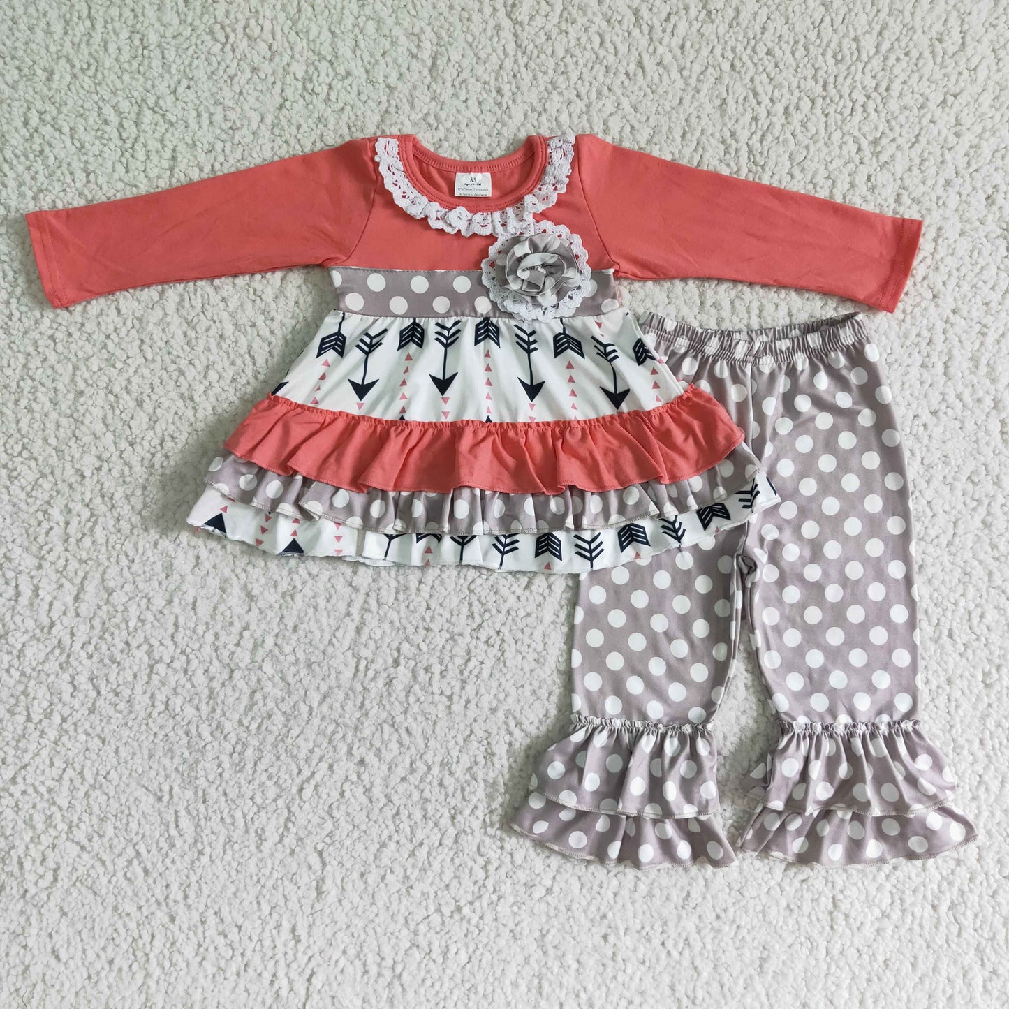 girl fashion arrows and polka dot stitching long sleeve top and pants for Valentine's day