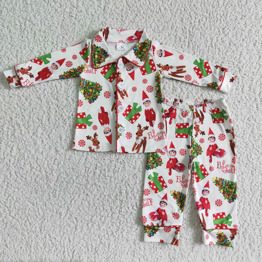 6 B4-39 boy christmas tree pajamas set kids long sleeve turn-down collar outfit with gifts print