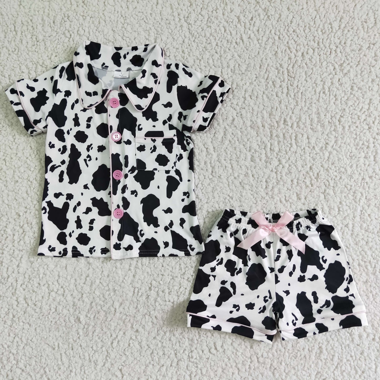 girl milk cow print pajamas set kids fashion turn-down collar blouse match shorts outfit