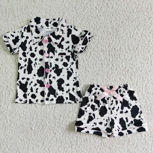 girl milk cow print pajamas set kids fashion turn-down collar blouse match shorts outfit