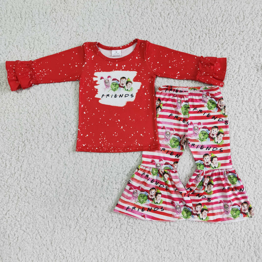 girl red long sleeve top and stripes flare pants set kids winter soft fabric outfit