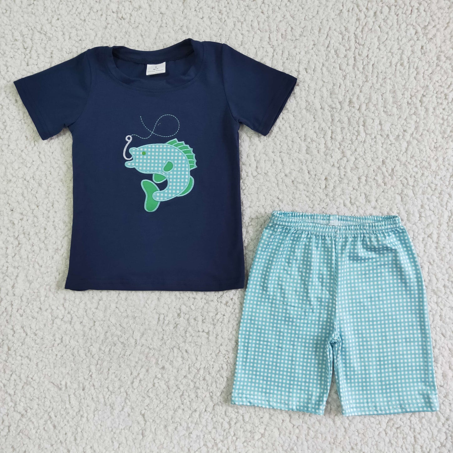 boy high quality fish embroidery  top and plaid shorts outfit