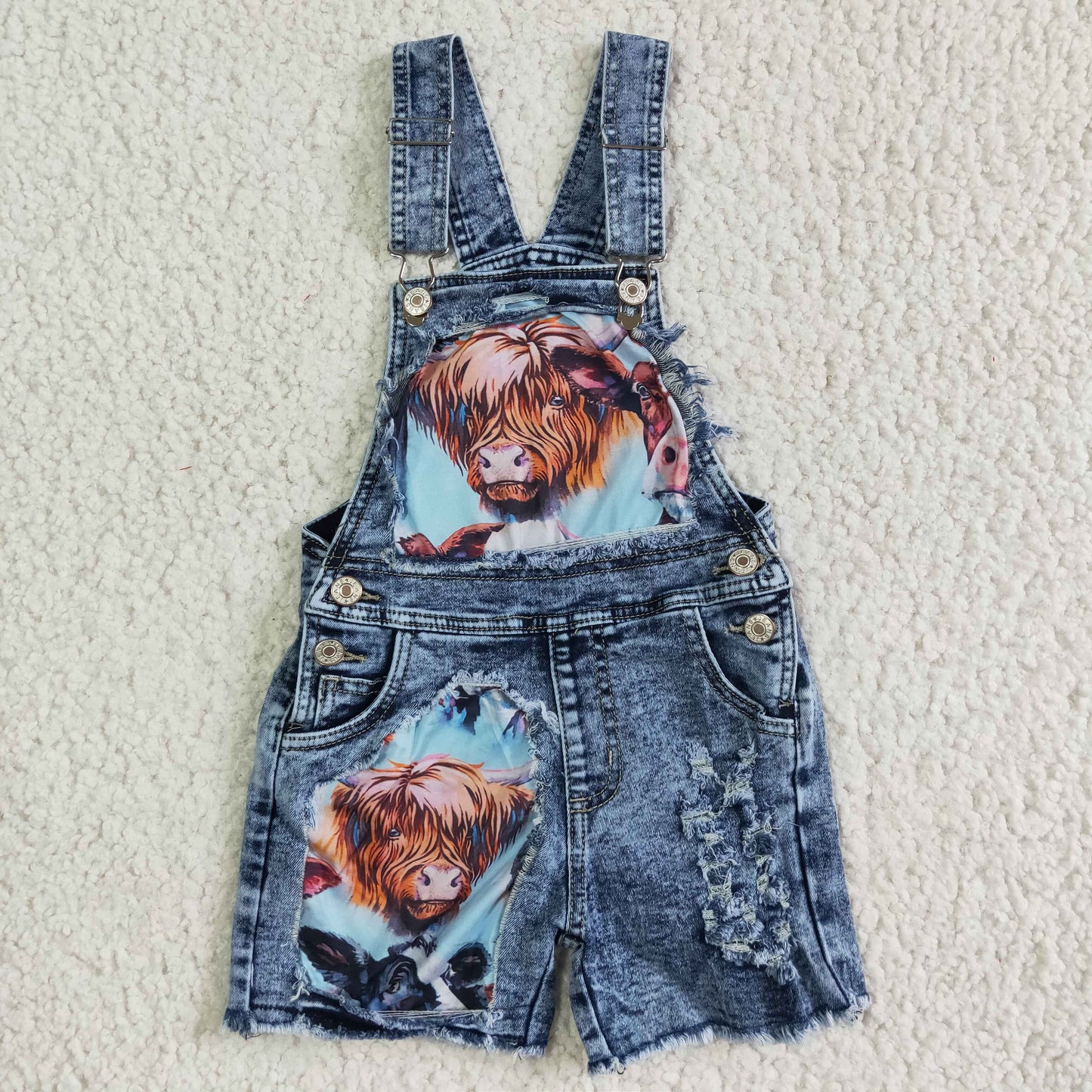 girl high quality denim overalls highland cow print jeans for summer