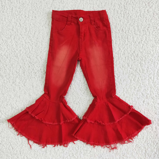 girl red denim bell bottoms high quality jeans with zipper