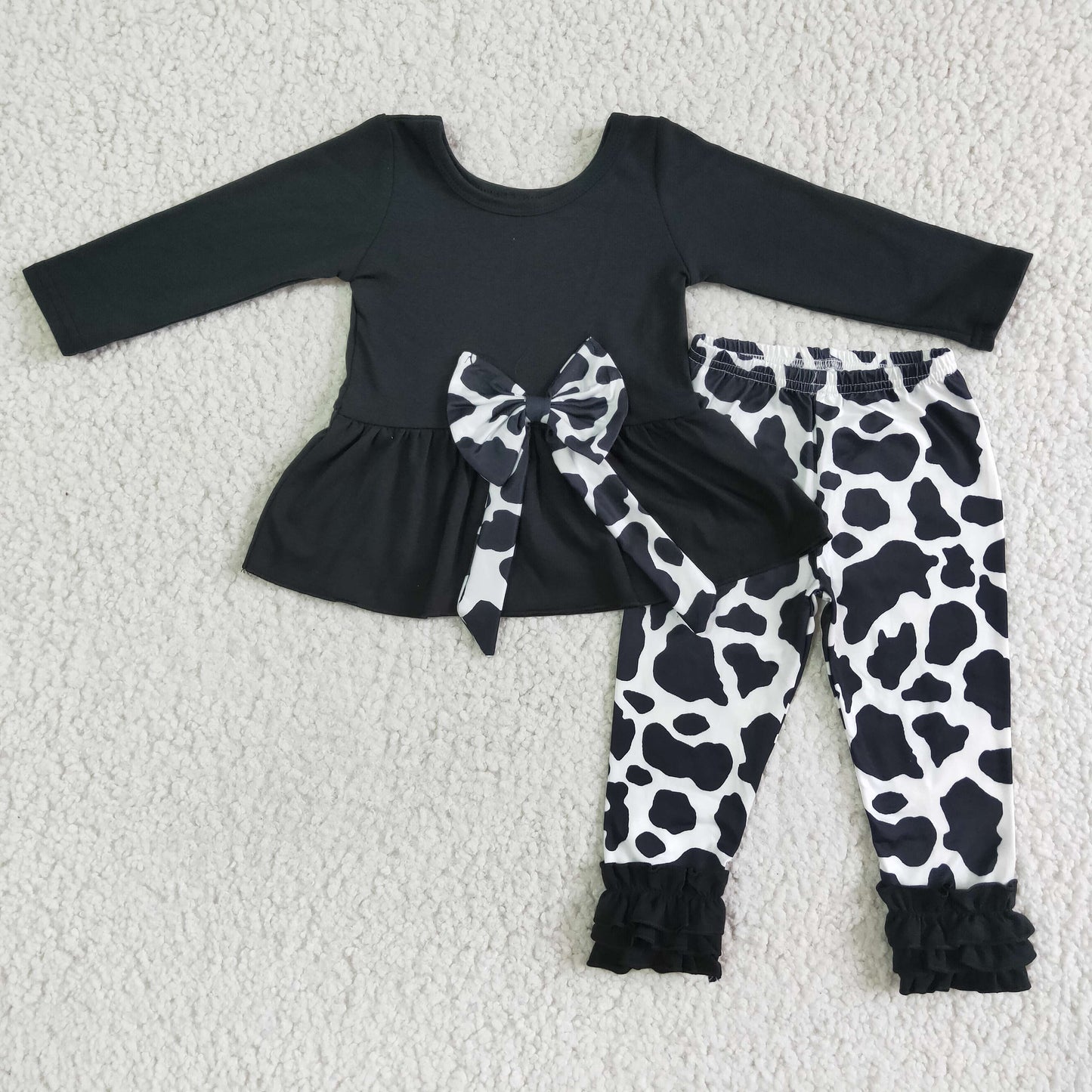 girl long sleeve black top with bow-knot match milk cow print leggings 2pieces set