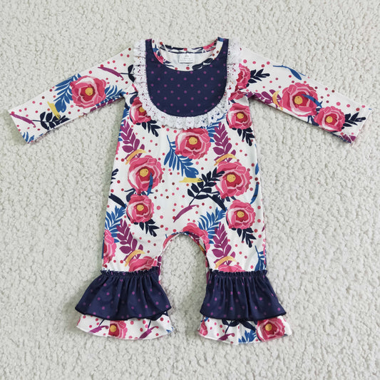 baby girls long sleeve o-neck flowers print jumpsuit infants romper